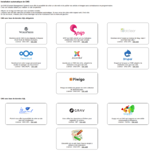 Capture d'écran de la liste des CMS