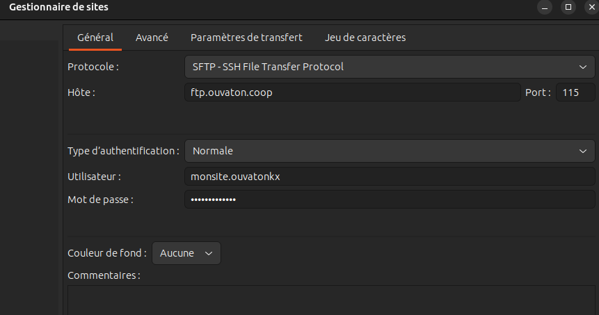 Capture d'écran du paramétrage d'un compte SFTP avec Filezilla