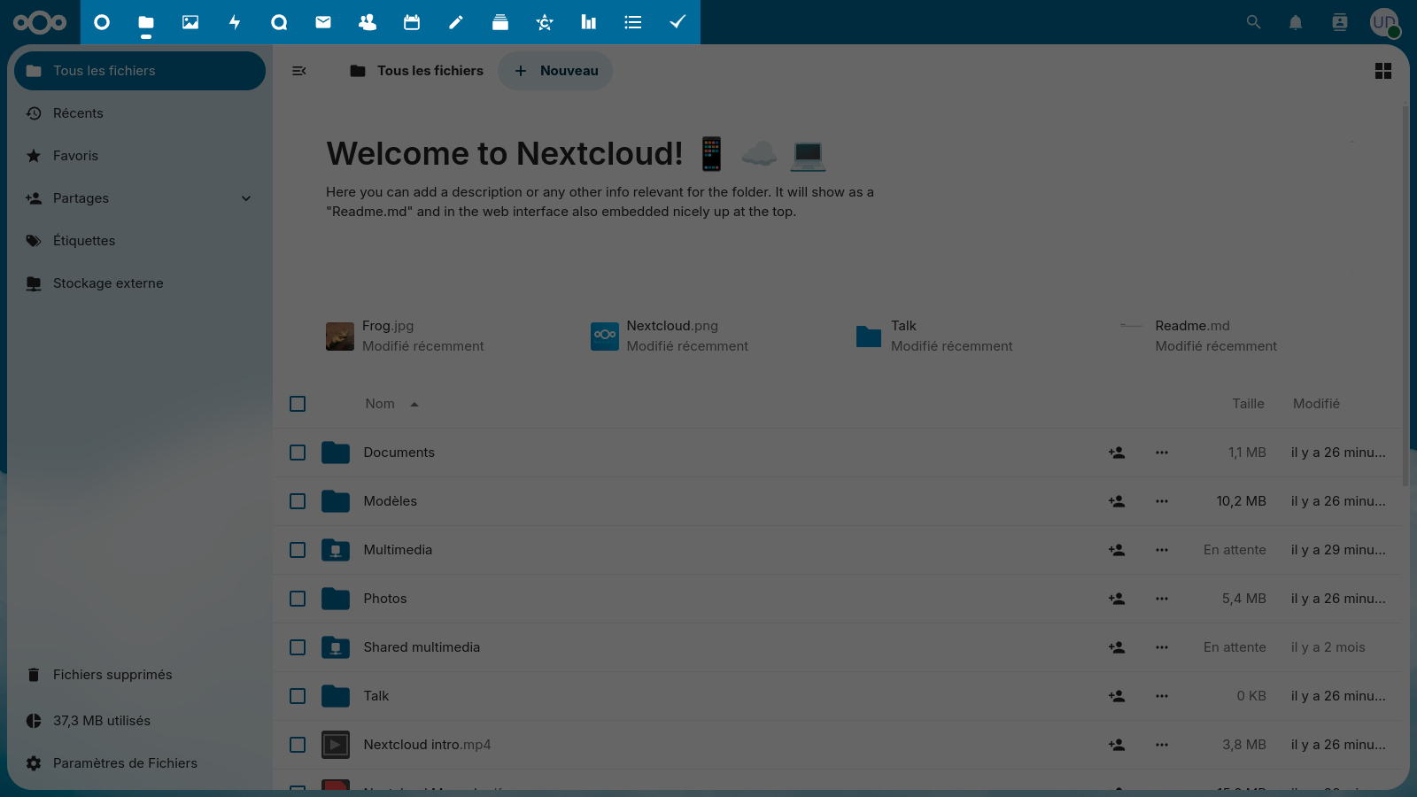 Emplacement des raccourcis des applications dans Nextcloud